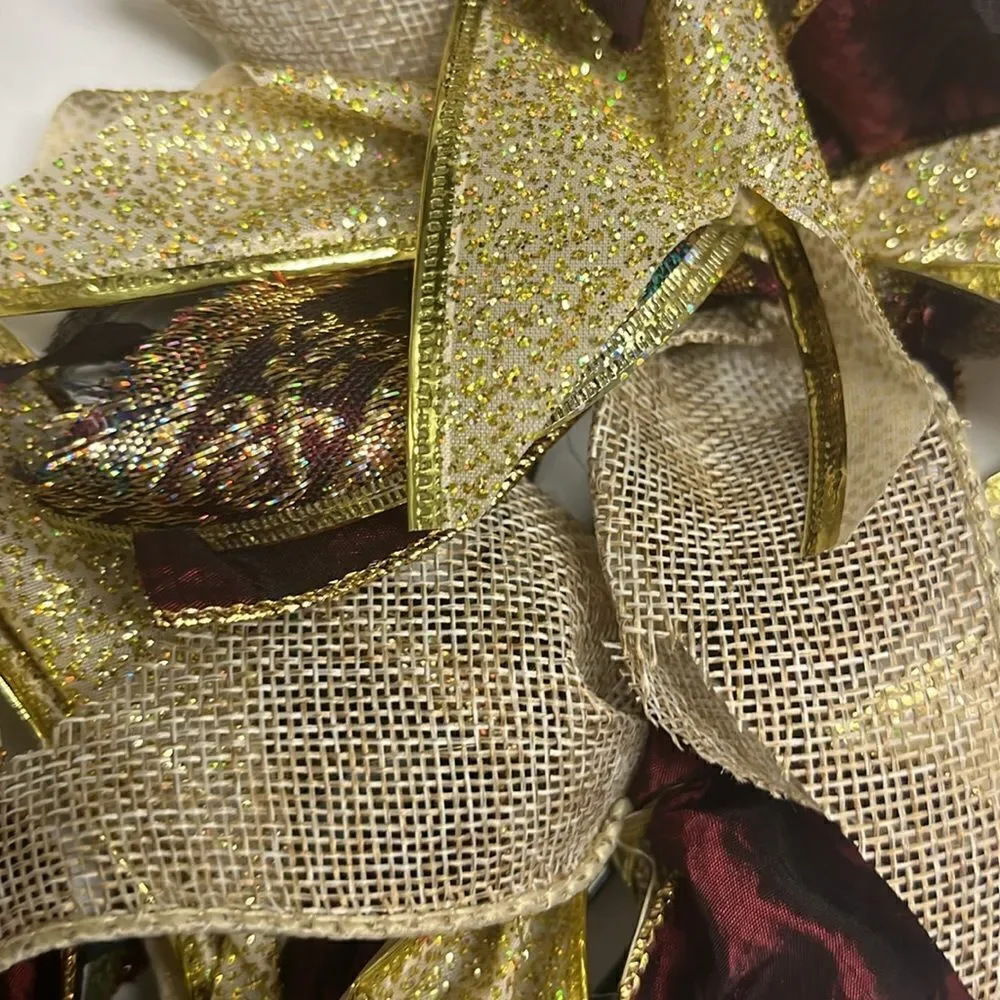 Handmade Dark Red Tan Gold Holiday Christmas Ribbon Twine Wreath Made on 12”